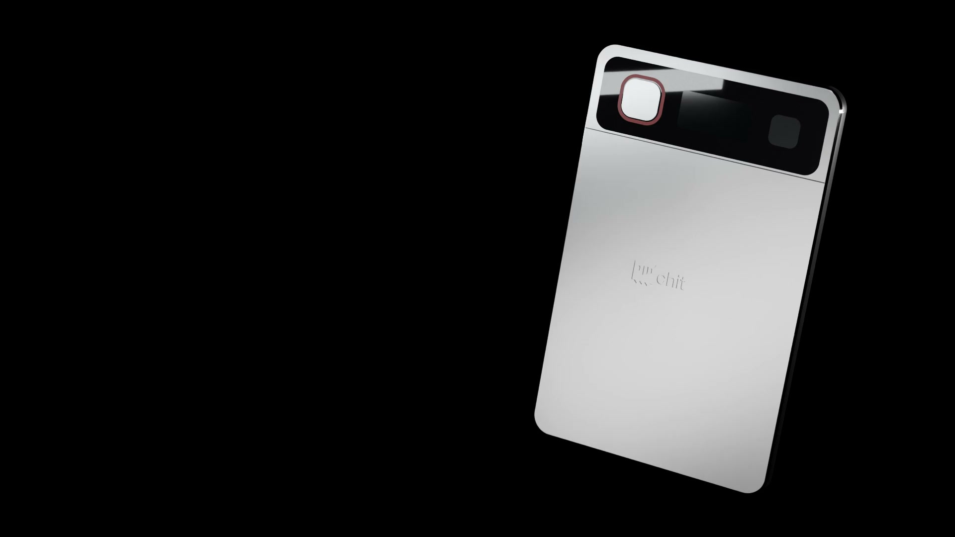 A silver chit one floating in a dark studio — product rendering